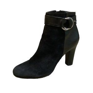 SAM EDELMAN Women's Black Leather Side Zip Silver Buckle Block Heel Bootie-Sz 10